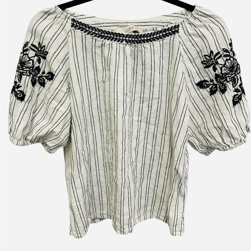 LOFT linen/cotton black white striped embroidered puff sleeve blouse Size S